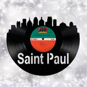Saint Paul Minnesota Skyline Vinyl record art cut from a actual vinyl record clock