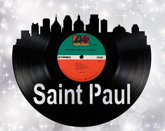Saint Paul Minnesota Skyline Vinyl record art cut from a actual vinyl record clock
