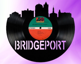 Bridgeport Connecticut Skyline Vinyl record art cut from a actual vinyl record clock