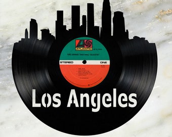 Los Angeles California Skyline Vinyl record art cut from a actual vinyl record clock