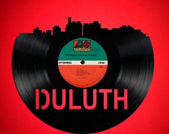 Duluth Minnesota Skyline Vinyl record art cut from a actual vinyl record clock