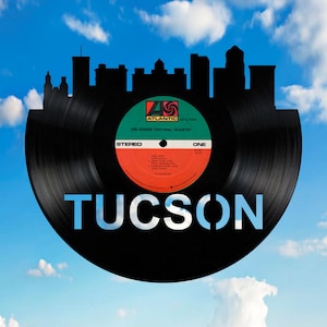 TUCSON Arizona Skyline Vinyl record art cut from a actual vinyl record clock
