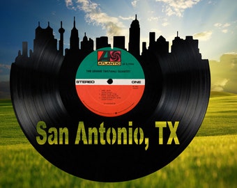 San Antonio Texas Skyline Vinyl record art cut from a actual vinyl record clock