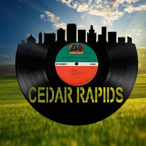 Cedar Rapids Iowa Skyline Vinyl record art cut from a actual vinyl record clock