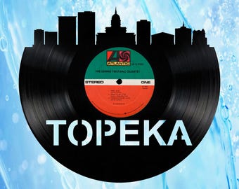 Topeka Kansas Skyline Vinyl record art cut from a actual vinyl record clock