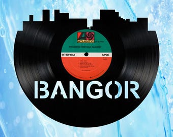 Bangor Maine  Skyline Vinyl record art cut from a actual vinyl record clock
