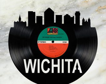 Wichita Kansas Skyline Vinyl record art cut from a actual vinyl record clock