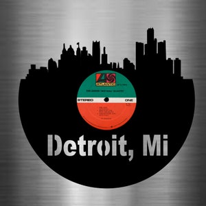 Detroit Michigan Skyline Vinyl record art cut from a actual vinyl record clock