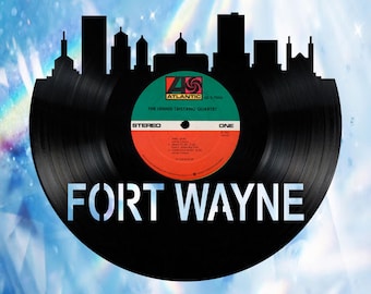 Fort Wayne Indiana Skyline Vinyl record art cut from a actual vinyl record clock