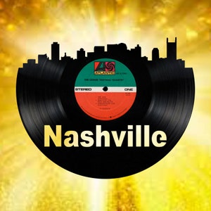 Nashville Tennessee Skyline Vinyl record art cut from a actual vinyl record clock