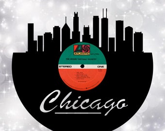chicago Ohio Skyline Vinyl record art cut from a actual vinyl record clock