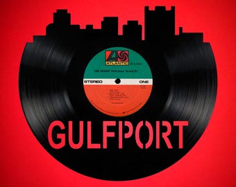 Gulfport Mississippi Skyline Vinyl record art cut from a actual vinyl record clock