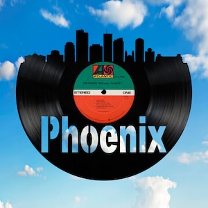Phoenix Arizona Skyline Vinyl record art cut from a actual vinyl record clock