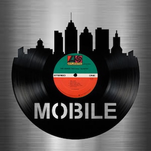 MOBILE Alabama  Skyline Vinyl record art cut from a actual vinyl record clock