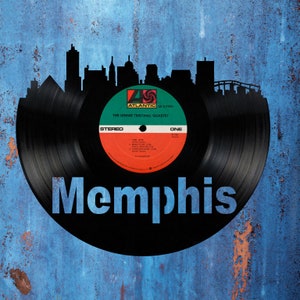 Memphis Tennessee Skyline Vinyl record art cut from a actual vinyl record clock