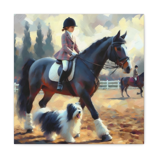 Canvas Print Girl Riding Horse Equine Equestrian Rider Aesthetic Nursery Room Decor Wall Art Girly Girls Room Art Custom Personalized Dog