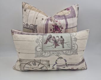 Vintage Cushion Cover Purple Shabby Chic Pillow Case Rustic Wood Birds Floral Farmhouse Decor