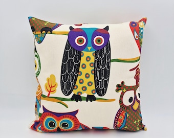 Colorful Owl Pillow Cover, Folk Art Bird Cushion, Kids Room Decor