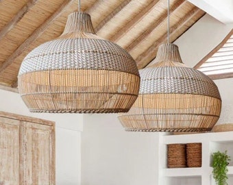 Weiß Rattan Lampenschirm, Rattan Pendelleuchte Lampe Vintage Decke, Woven Licht hängen, Rattan Kronleuchter Bambus Küche Beleuchtung