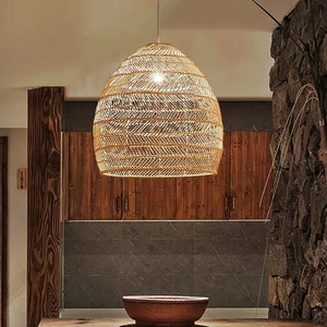 Rattan Pendant Light Fixture, Woven Rattan Lamp Shade, Wicker Bamboo Pendant Light Shade Chandelier, Boho Home Decor Kitchen Diningroom Lamp