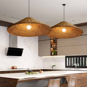 Rattan Cone Lamp Shade, Woven Rattan Light Fixture, Wicker Rattan Pendant Light Dining Room Kitchen Lighting, Bamboo Light Vintage Hanging