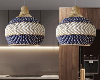 White Blue Rattan Lamp Shade, Rattan Pendant Light, Rattan Light Fixture, Woven Ceiling Lamp, Wicker Hanging Light, Bamboo Kitchen Lighting