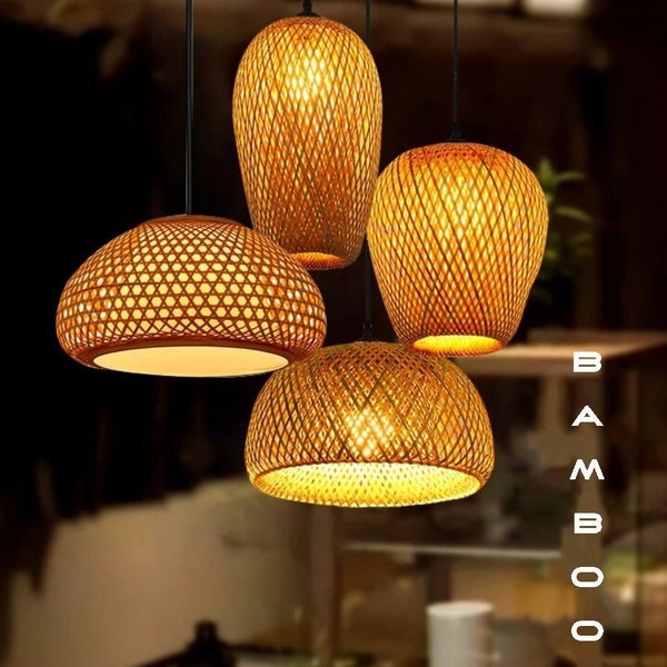 Bamboo Lampshade Set, Bamboo Pendant Light,  Bamboo Light Fixtures, Bamboo Lighting Rustic,Woven Rattan Lamp Shade Vintage,Rattan Chandelier