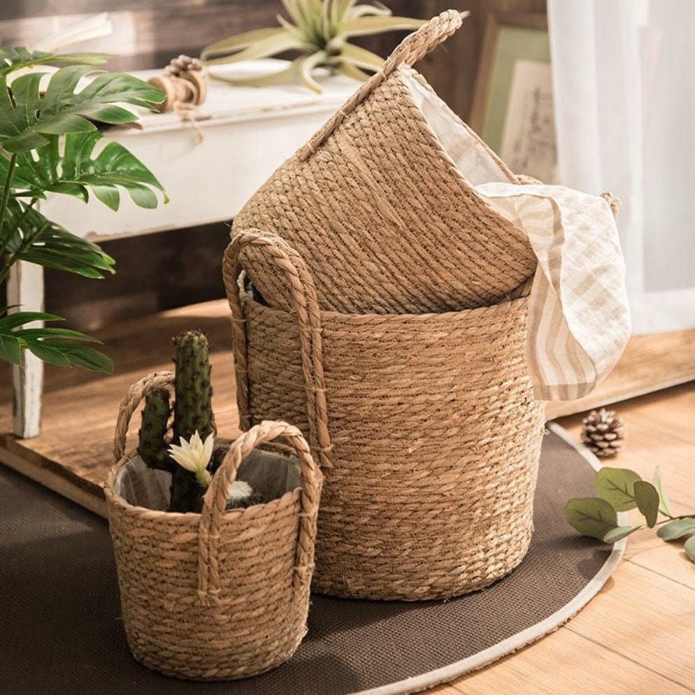 Plant Basket Small Seagrass Planter Baskets for Indoors, Woven Rattan Planters for Tall Indoor Plants with Handles, Wicker Boho Plant Pots