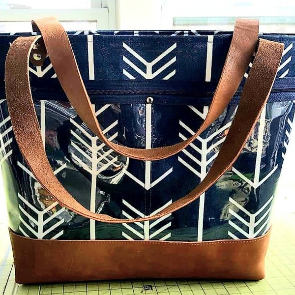 Direct sales display tote bag with leather straps and base, direct sales product bag, clear pocket bag, work bag, advertise lipsense bag