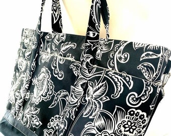 Large black and white tote bag with pockets and zipper, gym bag, weekender bag, carryon bag, travel bag, resort bag, work bag, diaper bag