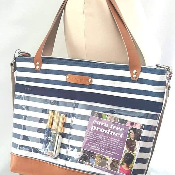 Display tote bag with clear pockets, direct sales products bag, advertise lipsense bag, leather bag with straps and pockets, work bag,