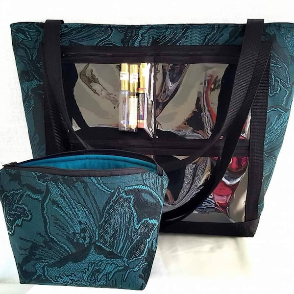 Display tote bag with clear pockets, direct sales consultant lipsense bag with matching zippered make up pouch, work bag, shoulder bag