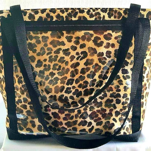 Display tote bag with clear pockets, direct sales advertise lipsense biz crossbody bag, showcase product tote, leopard print shoulder bag