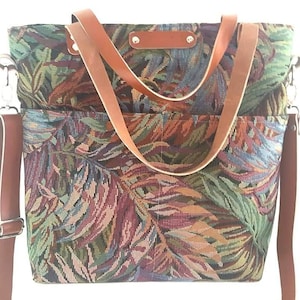 Foldover crossbody tote bag with leather straps, zippered bag with pockets, shoulder purse, diaper bag, work bag, everyday handmade purse