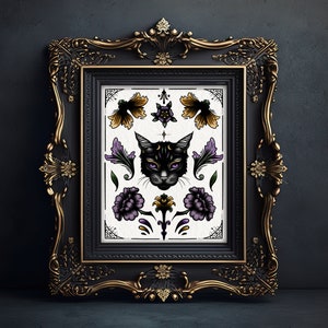 Traditional Style Black Cat Print | Yellow, Purple, Green | Cottagecore | Nature | Botanical | Whimsical Illustration | Gothic