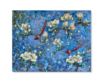 Birds and Flowers on blue