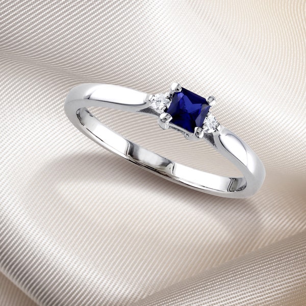 Blue Sapphire & Diamond Ring in Sterling Silver · Ring for Women · Fashion Ring · September Birthstone · Stackable · Gift For Her · Dainty