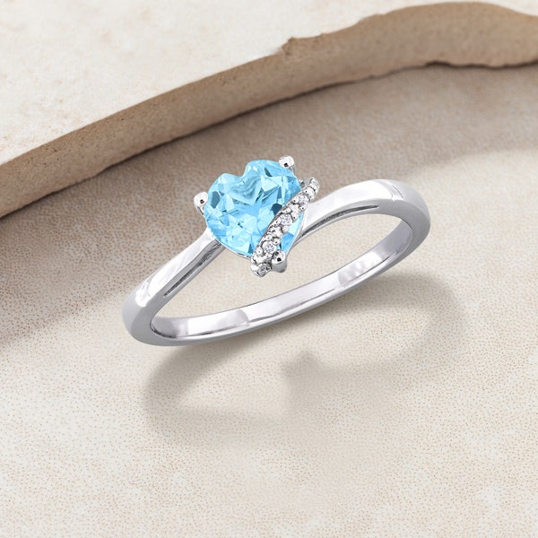 Blue Topaz & Diamond Heart Ring · Sterling Silver · December Birthstone · Gift For Her · Stackable · Genuine Natural Gemstone · Valentine's