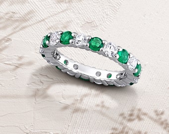 Emerald & White Sapphire Fashion Ring · Eternity Ring · Anniversary Ring · Wedding Band · Thin Band · Gift For Her · Stackable · Delicate