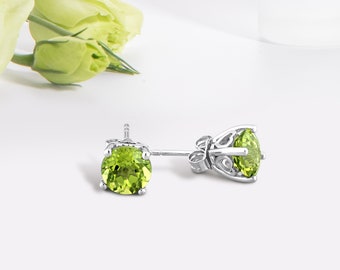 Peridot Stud Earrings · Sterling Silver · August Birthstone Studs · Genuine Gemstone Jewelry  · For women · Heart Detail · Green · Natural ·