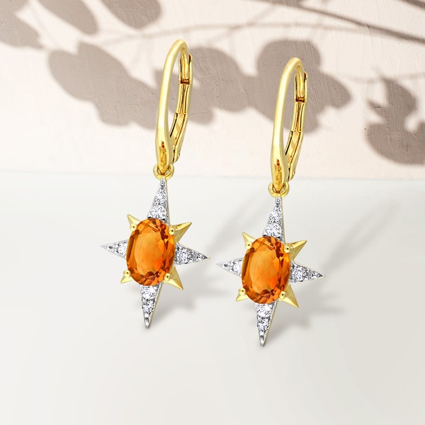 Madeira Citrine & White Topaz Leverback Earrings · 18K Yellow Plated Sterling Silver · Star · Drop · Dangle · Minimalist  · Gift For Her