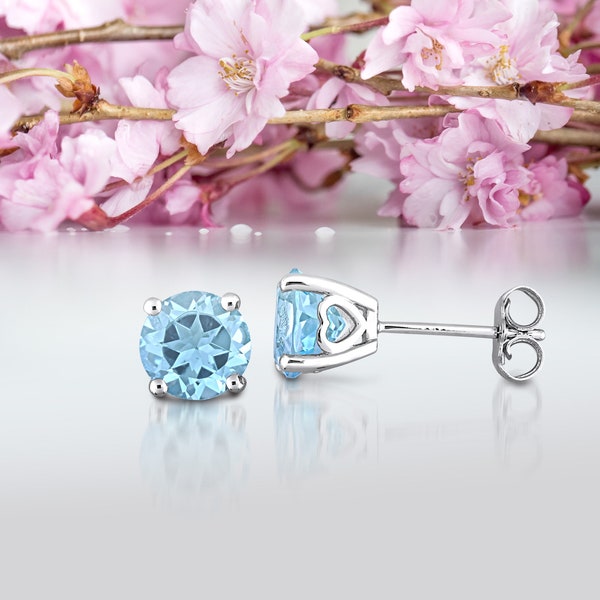 Blue Topaz Stud Earrings · Sterling Silver · December Birthstone · Solitaire · Gift for Her · Dainty · Genuine Gemstone · Heart detail