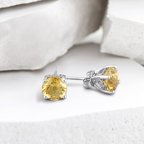 Citrine Stud Earrings in Sterling Silver · Genuine Gemstone · November Birthstone · Post Earring · Solitaire · Gift for Her · Dainty ·