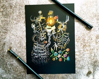 Three of Cups Tarot Art Print A5 Halloween Spooky Goth Decor