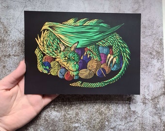 Yarn Dragon Original Art Print A5 Halloween Spooky Knitting Crochet