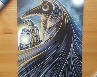 Plague Doctor A5 print spooky creepy halloween gothic decor portrait art black death demon ghost