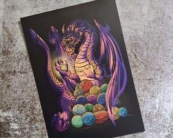 Purple Yarn Dragon Original Art Print A5 Halloween Spooky Knitting Crochet