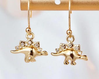Gold Dinosaur Drop Earrings, Jurassic Dino, T-Rex, Brontosaurus, Stegosaurus, Dinosaur Charm