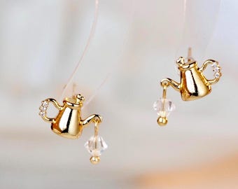 Gold teapot Crystal Dangle Drop Earrings: Tea Party Inspired Jewelry