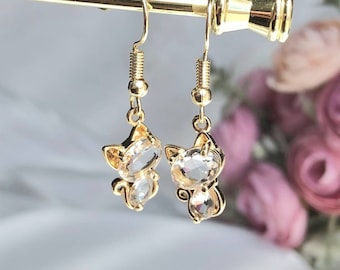 Kitty Rhinestone Dangle Earrings Gift, Gold Cat Earrings, Cute Kitten Earrings, Sparkle Cat Earrings, Cat Lover Earring, Animal Gift for Her